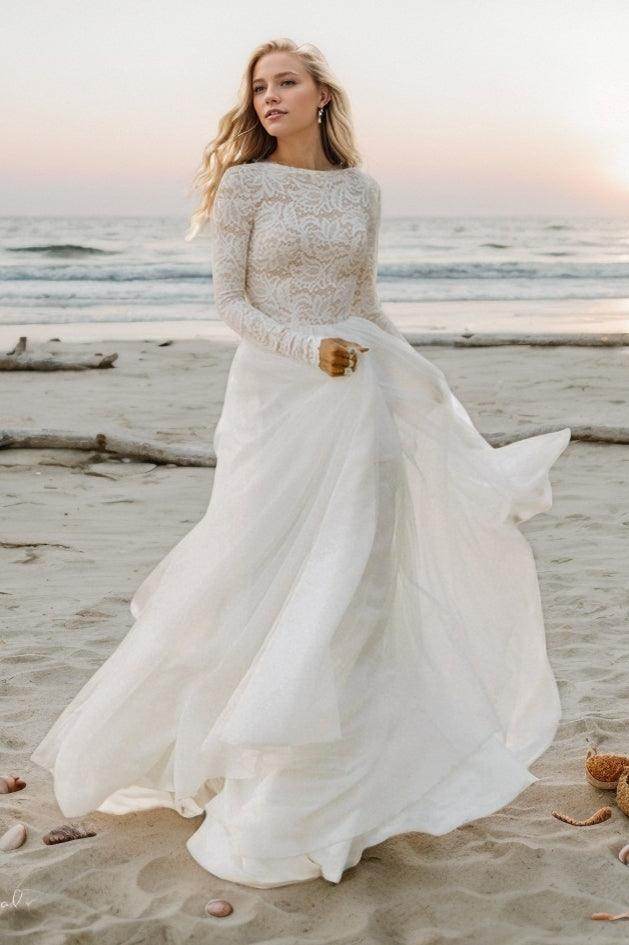 A-Line Sweep-Brush Train Lace Wedding Dress CW3507 - COCOMELODY